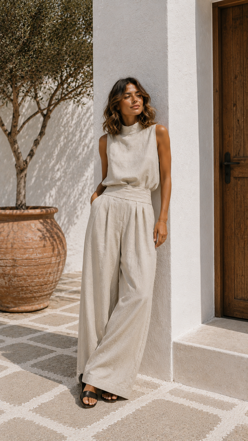 Antonella - Conjunto de top sin mangas y pantalones anchos