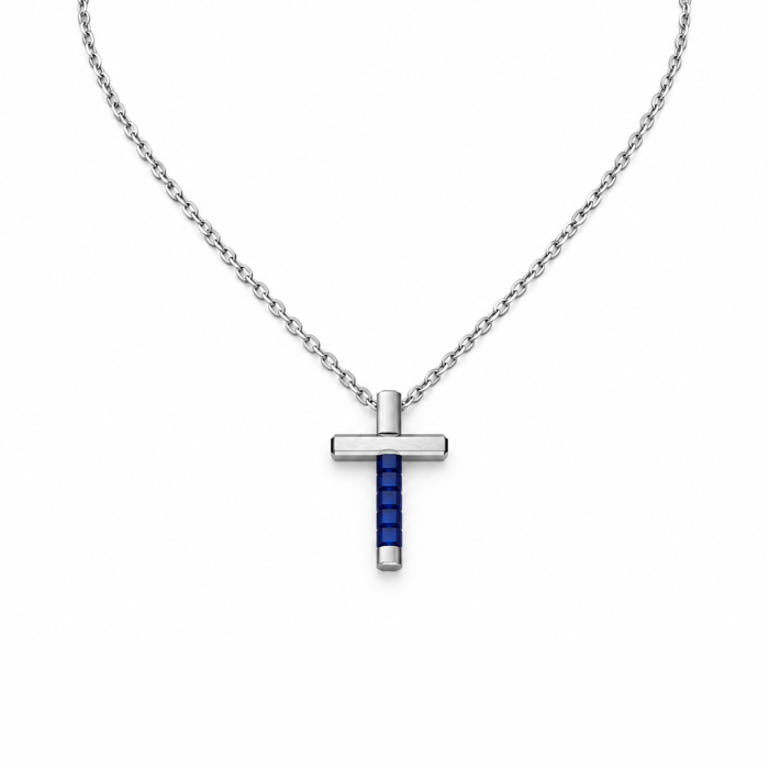 Collar para hombre con cruz azul hexagonal de acero inoxidable