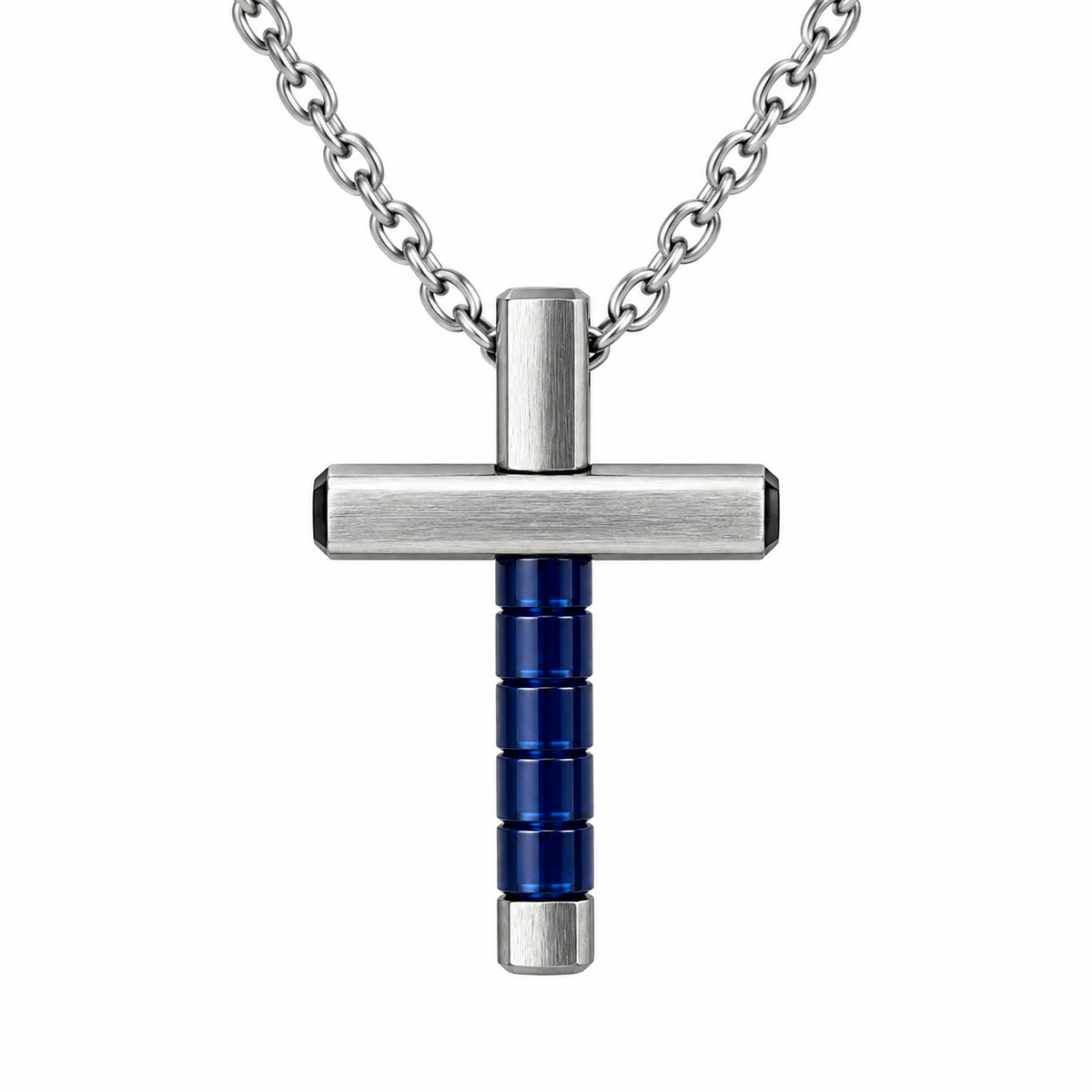 Collar para hombre con cruz azul hexagonal de acero inoxidable