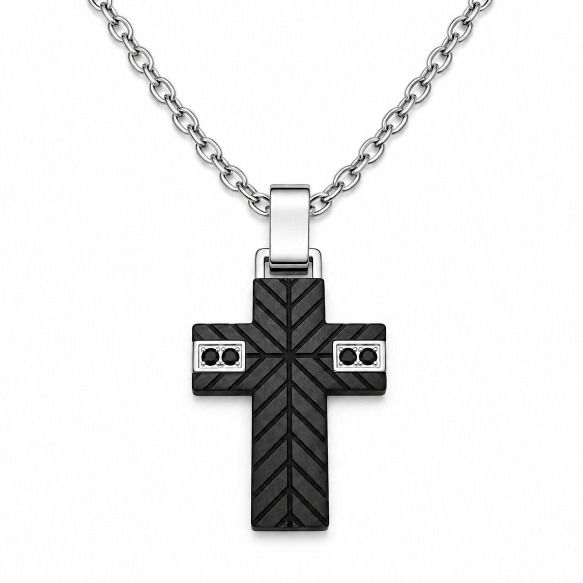 Collar para hombre con cruz pavonada y 4 zirconias negras de acero inoxidable
