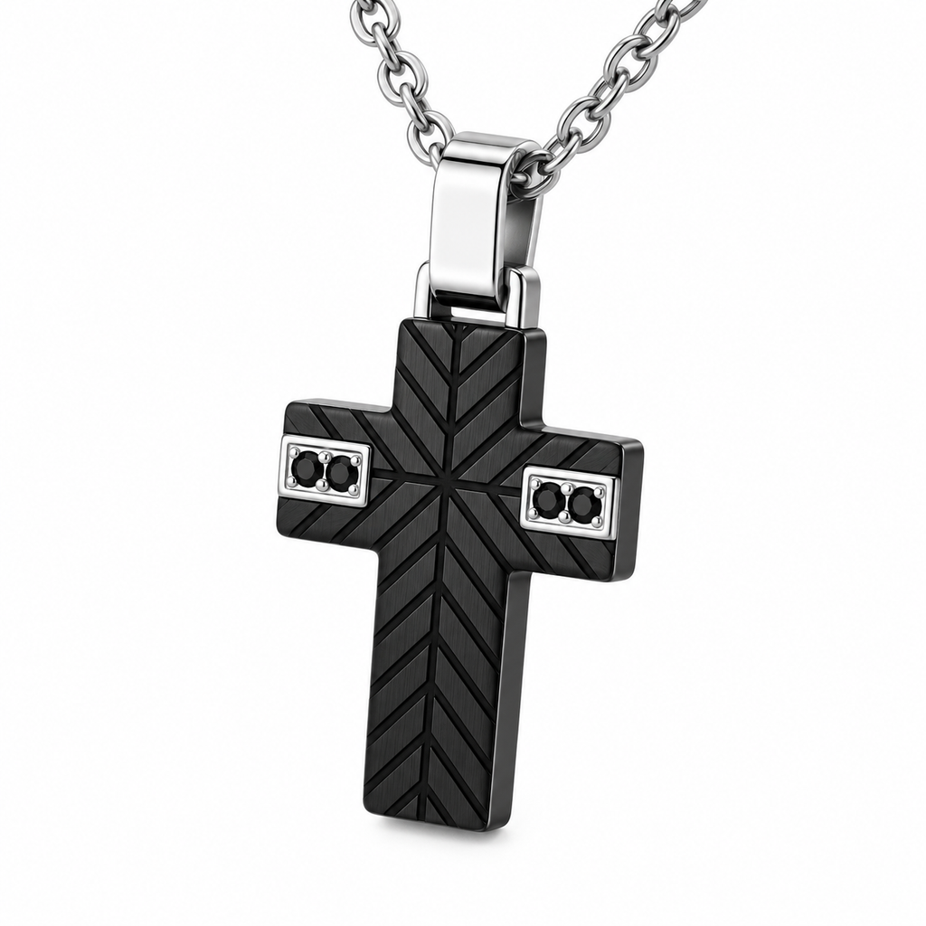 Collar para hombre con cruz pavonada y 4 zirconias negras de acero inoxidable