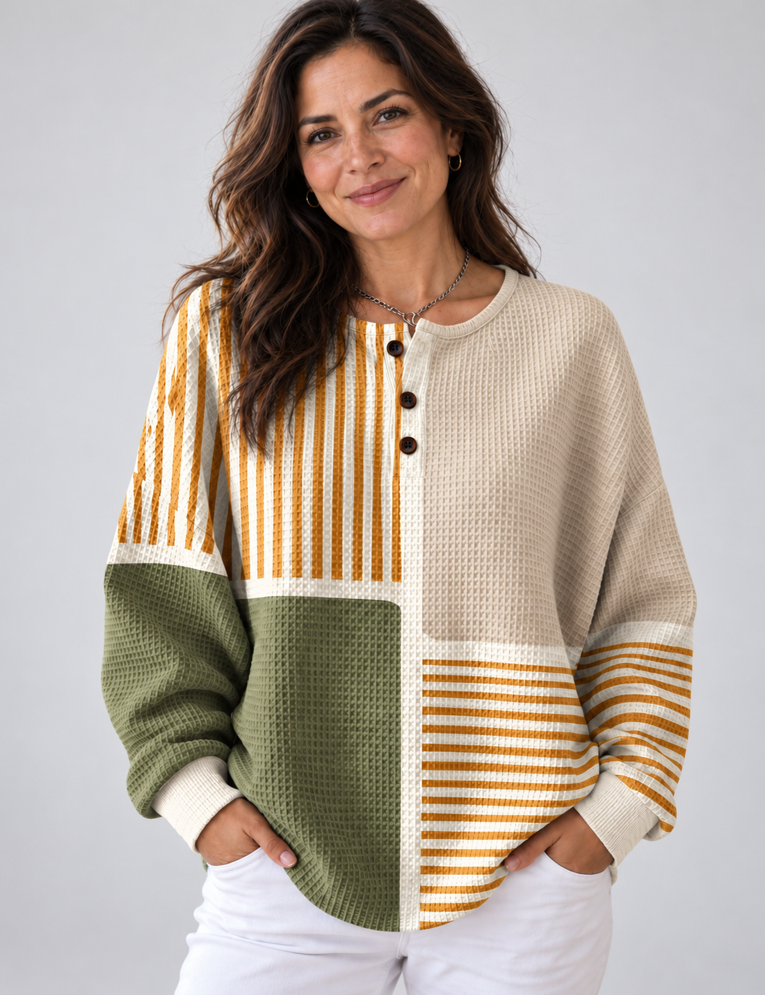 Sudadera Harper henley de tejido waffle color beige para mujer