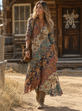 Vestido largo Lydia con estampado bohemio multicolor y manga larga para mujer