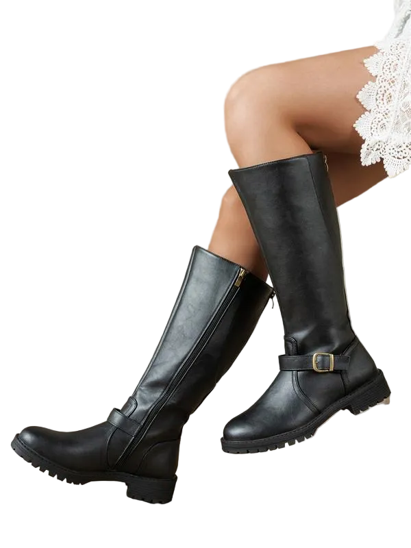 Botas altas para mujer con hebilla lateral y tacón bajo elegante