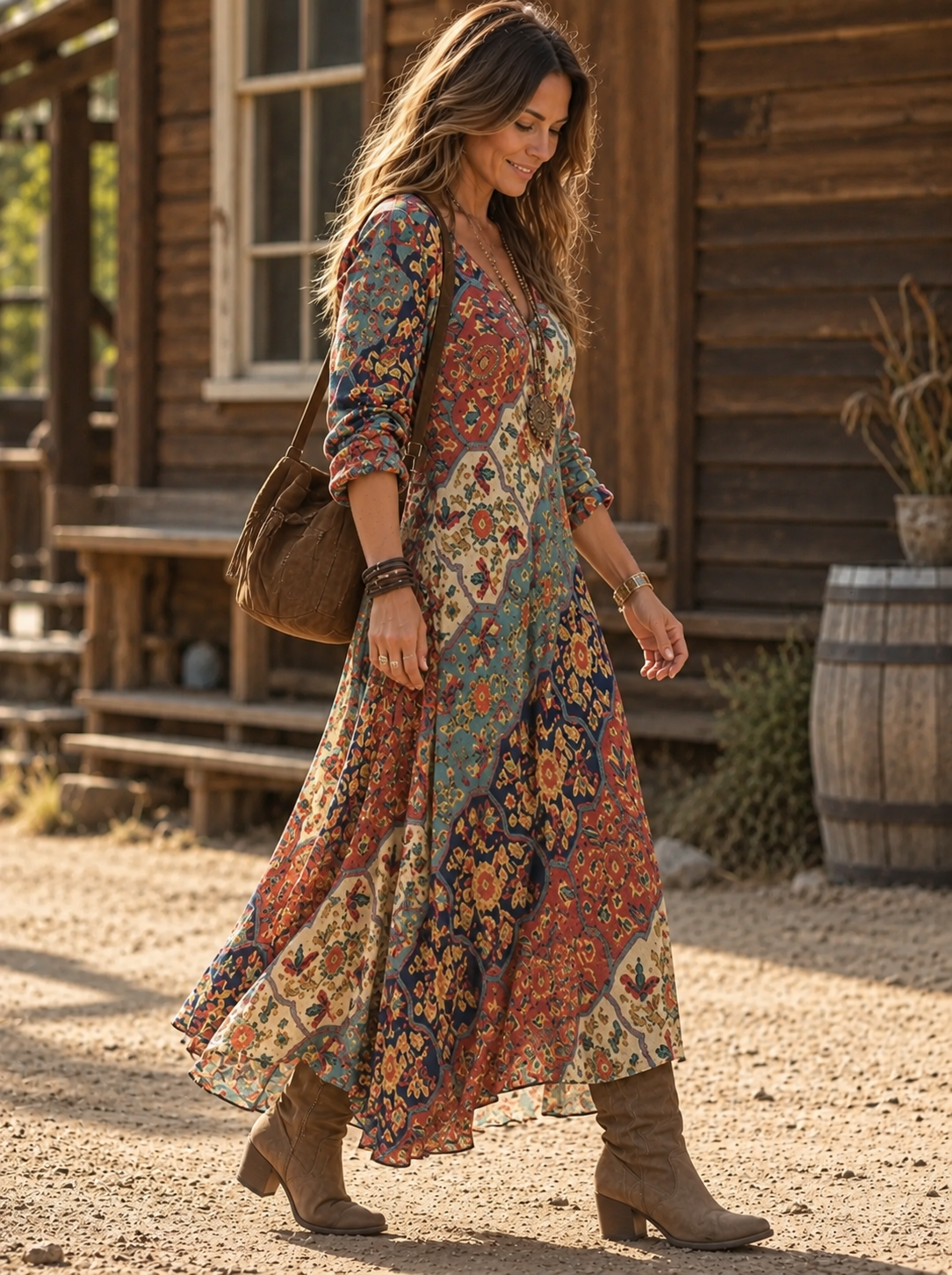 Vestido fluido Lydia de corte holgado con estampado patchwork, combinado con botas