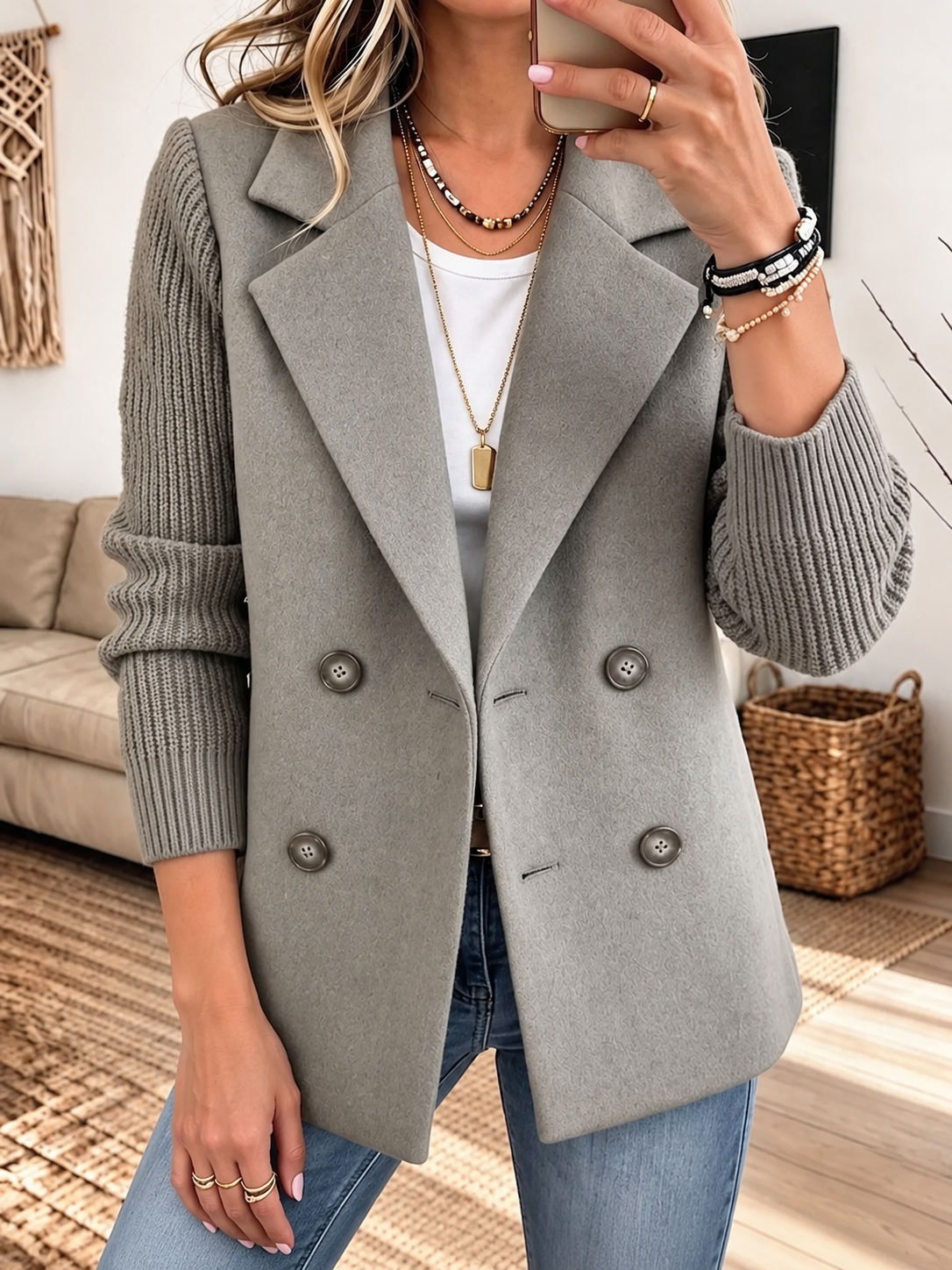 Blazer Simonetta color gris con mangas tejidas para mujer