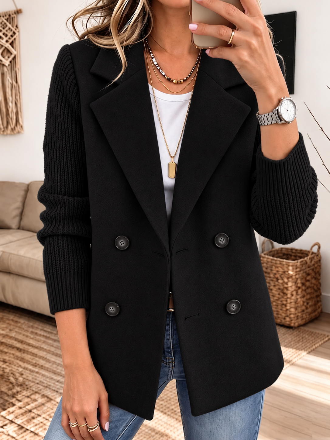 Blazer Simonetta color negro con mangas tejidas para mujer